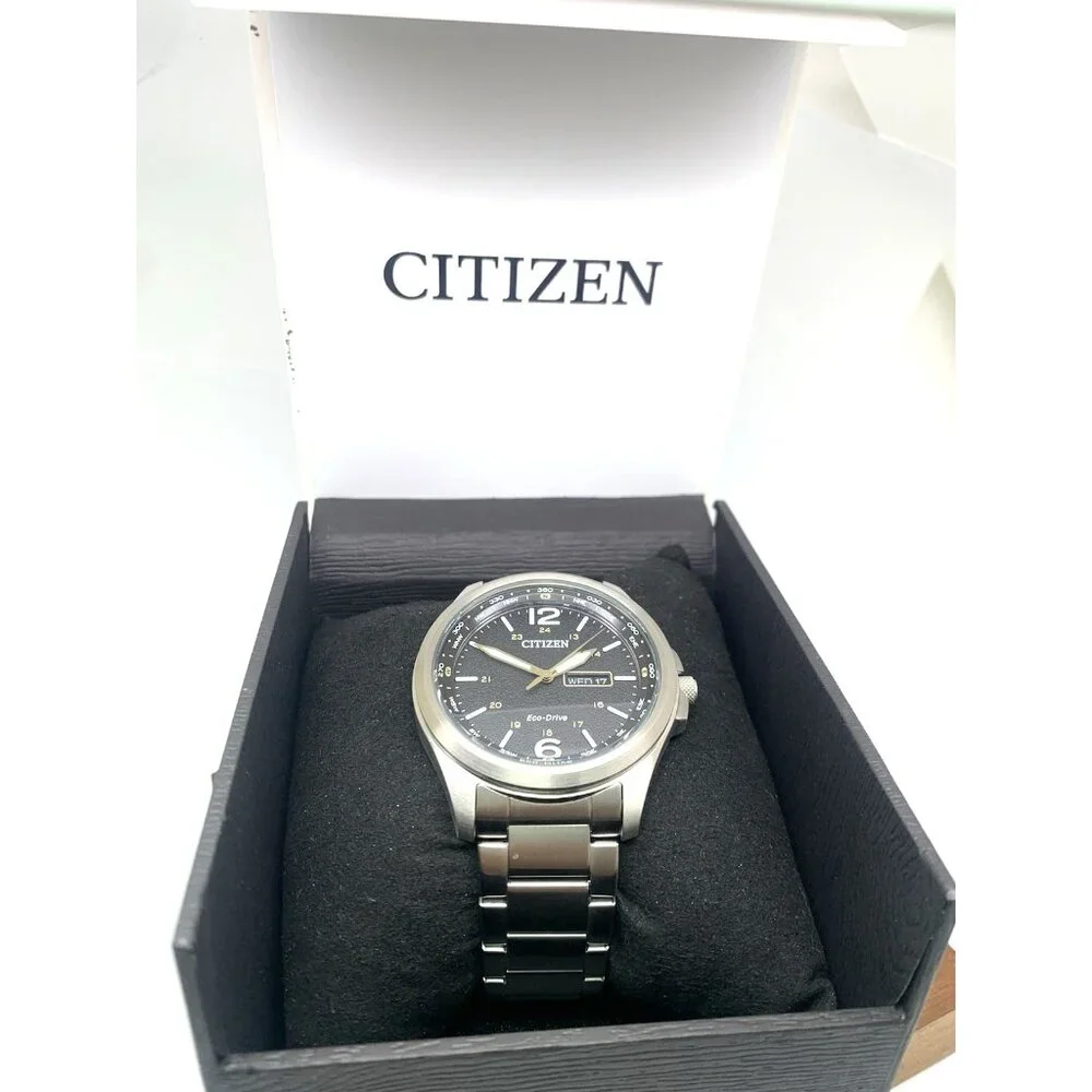 Citizen Men's Watch AW0110-58E Eco Drive Black Dial Day Date Silver Steel 44mm